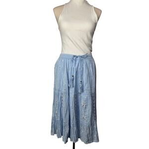 NY Collection Embroidered Blue Crinkle Midi A Line Skirt Size Small